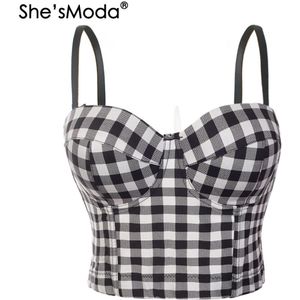 She'smoda Katoen Plaid Bustier Push Up Night Club Bralette Vrouwen Bloemen Bra Cropped Top Vest Corset Plus Size