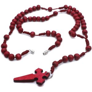 Jezus Houten Gebed Kralen 6Mm Rozenkrans Kruis Ketting Hanger Geweven Touw Ketting Sieraden Accessoires