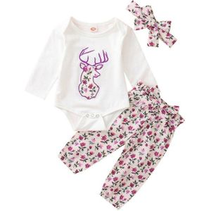 Pasgeboren Baby Meisjes 3Pcs Bloem Kleding Set Lange Mouwen Herten Tops Body Bloemen Broek Hoofdband Lente Herfst Kleding