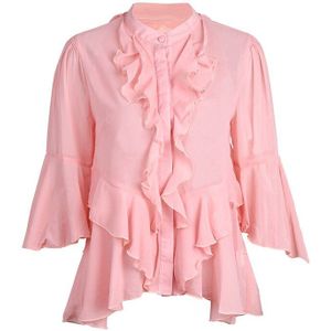 Vgh Roze Patchwork Ruche Shirt Voor Vrouwen Stand Kraag Flare Mouw Elegante Effen Minimalistische Blouse Vrouwelijke Mode Kleding