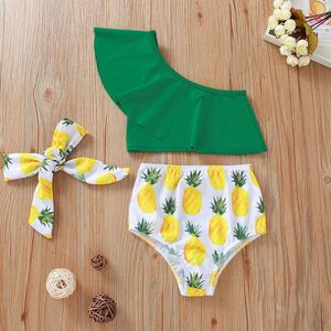 Peuter Baby Meisje Kleding Effen Kleur Off Shoudler Ruffle Crop Tops Ananas Print Shorts Strik Hoofdband 3Pcs Outfits