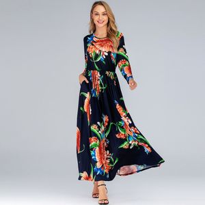 Plus Size Jurk 6xl Vrouwen Zomer Lange Mouwen Bloemenprint Boho Strand Jurk Zakken Dames Tuniek Maxi Lange Jurken