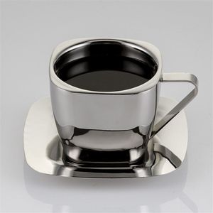 90/150/240 ml Rvs Koffiekoppen Dubbele Anti Isolatie Cups Creatieve Vierkante Thee kop en Schotel Melk Mok
