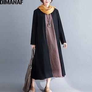 DIMANAF Vrouwen Jurk Plus Size Herfst Vestidos Katoen Linnen Plaid Zwart Gesplitst Vintage Vrouwelijke Elegnat Lady Lange Mouwen Jurk