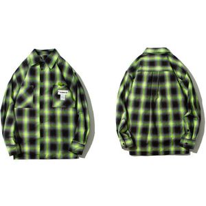 Gonthwid Zakken Plaid Lange Mouw Knop Katoenen Shirts Streetwear Hip Hop Harajuku Casual Losse Dress Shirt Mannen Tops