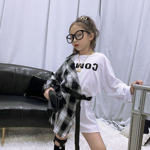 Meisjes Lange Hoodie Jurk Mode Tiener Meisjes Sweatshirt Herfst Kinderen Plaid Splicing T-shirt