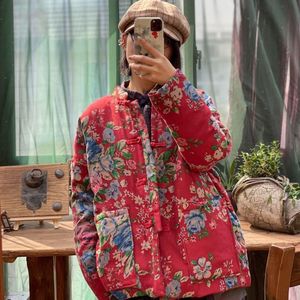 Elegante Rode Katoen Gewatteerde Vrouwen Korte Jas Traditionele Chinese Stijl Ladise Tang Pak Top Prachtige Mandarijn Kraag Winter Gewaad