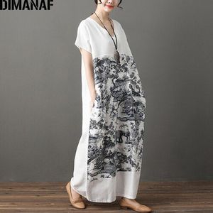 DIMANAF Vrouwen Zomer Jurk Grote Size Linnen Print Geschilderd Femme Lady Vestidos Losse Vintage Grote Kleding Lange Maxi Jurk