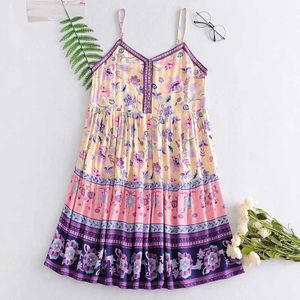 Boho Geïnspireerd Bloemenprint Bandjes Zomer Jurk Voor Vrouwen V-hals Mouwloze Boho Jurk Knoppen Strand Rayon Bohemian Jurken