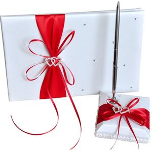 Bruiloft Gastenboek Met Pen Houder Sets Satijnen Strikken Handtekening Boek Met Diamanten Liefde Vorm Voor Party Decoraties-Rood + Wit