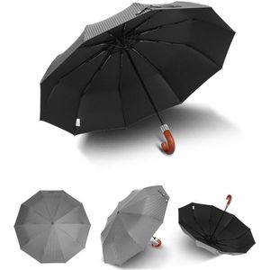 Leodauknow Drie Vouwen Business Strepen Houten Gebogen Handvat Klassieke 10K Winddicht Mannen Volautomatische Paraplu