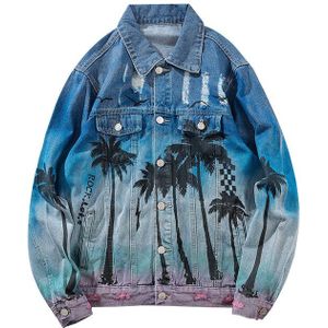 Sokotoo mannen gekleurde kokospalm gedrukt ripped jean jas Trendy tie geverfd gaten streetwear denim jas Hip hop top bovenkleding