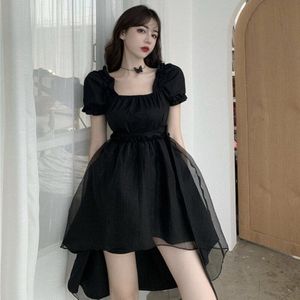 Japanse Lolita Dark Girly Gothic Victoriaanse Zwart Organza Vierkante Hals Puff Mouwen Slim Dress Party Retro Dark Vintage Jurken