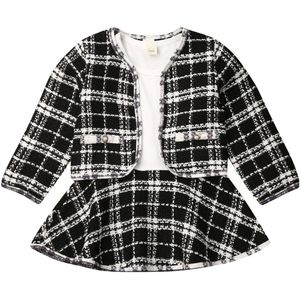 Peuter Baby Kid Meisje Kleding Outfit Patchwork Jurk Tops Plaid Jassen 2 Stuks Party Brithday Winter Warme Zoete Prinses Set 1-5Year