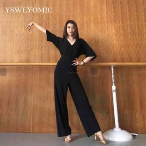 Stijl Praktijk Losse Wijde Pijpen Hoge Taille Vrouwelijke Latin Ballroom Standaard Dans Broek Dans Trainingspak Jumpsuit K7