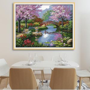 Mooie View Van De Park Kruissteek Lente Landschap Figuur 11CT 14CT Kruissteek Naaien Zak Woondecoratie Borduurwerk