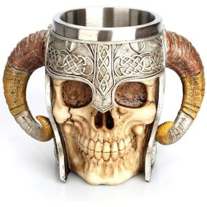 Rvs Skull Mok Viking Ram Gehoornde Pit Lord Warrior Bier Stein Tankard Koffie Mok Thee Cup Halloween Bar Drinkware