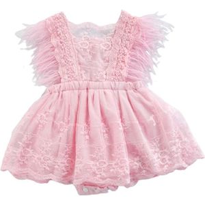 Peuter Baby Meisjes Romper Mesh Jurk Prinses Veer Vliegen Mouw Kant Flouncing Zoom Bloemen Borduren Gelaagde Jurk