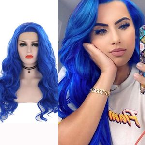 Quinlux Pruiken Blauw Golvend Synthetische Lace Front Haar Voor Vrouwen Kunstenaar Makeup Beauty Pruiken Lijmloze Warmte Fiber Cosplay Kostuum Pruik
