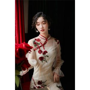 Chinese Jurk Elegante Vrouwen Qipao Bloem Borduren Bruidsmeisje Bruiloft Jurk Vestidos Kant Mesh Cheongsam Jurk