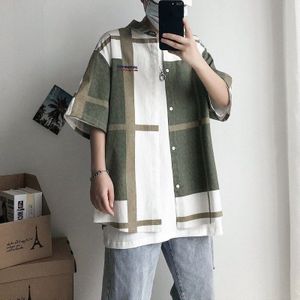 Houzhou Mannen Koreaanse Fashions Harajuku Plaid Korte Mouwen Zomer Mens Vintage Streetwear Oversized Shirt Man Tees