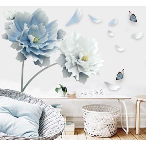 Grote Witte Blauwe Bloemen Muurstickers Lotus Vlinders Verwijderbare 3D Muurdecoraties Muurschildering Woonkamer Slaapkamer Decor