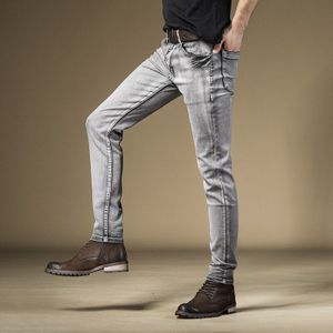 Vintage Jeans Mannen Slim Fit Rechte Broek Streetwear Grijs Stretch Denim Broek