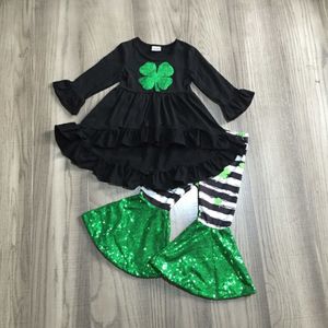 Winter Meisjes Clover Print Lange Mouwen Zwarte Top Pailletten Bell Bottom Streep Broek St Patrick Outfit