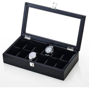 Top 12 Slots Houten Horloge Case Houder Koffie Mechanische Horloge Opbergdoos Met Glazen Venster Sieraden Display Dozen