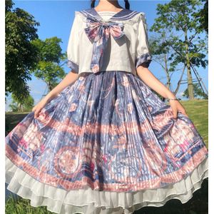 Japanse Zoete Strik Navy Kraag Korte Mouwen Top + Hoge Taille Retro Print Verstoorde Rok Lolita Pak Vrouwelijke Zomer