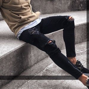 Mens Cool Zwarte Jeans Skinny Ripped Vernietigd Stretch Slim Fit Hop Hop Broek Met Gaten Voor Mannen
