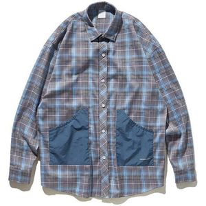 Inflatie Herfst Mannen Plaid Shirt Streetwear Oversized Lange Mouw Heren Shirts Klassieke Kleur Contrast Zakken Shirt 9294W