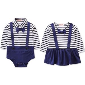 Newborn Baby Girl Boy Romper Jumpsuit Twins long sleeve bodysuit set Clothes Navy Stripe bowknot Outfits vestido bodysuit