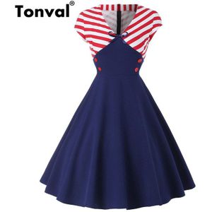 Tonval Retro Gestreepte Contrast EEN Lijn Rockabilly Jurk Plus Size Vrouwen v-hals Button Jurken Vintage Pin Up Midi Jurk