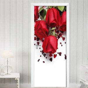 Moderne Rode Roos Bloem Deur 3D Stickers Muurschildering PVC zelfklevende Waterdicht Behang Woonkamer Slaapkamer Deur Decor Decal poster