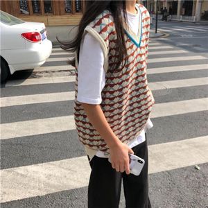Trui Vest Vrouwen Koreaanse Stijl Losse Comfortabele Zachte Mode V-hals Truien All-Match Retro Geometrische Jacquard Leisure Lente
