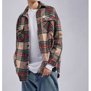 Winter Kaki Plaid Dikke Flanellen Shirt Patched Pockets Lange Mouwen Cropped Workshirt Streetwear