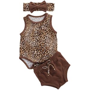 Pasgeboren Baby Meisje Kleding Leopard Vest Stijl Jumpsuit Effen Kleur Shorts Broek Met Hoofdband 3Pcs Set Baby Zomer Kleding