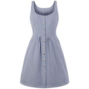 Tonval Zomer Casual Gestreepte Jurk Vrouwen Tank Button Up Mouwloze Pocket Side Blauw EEN Lijn Korte Jurk