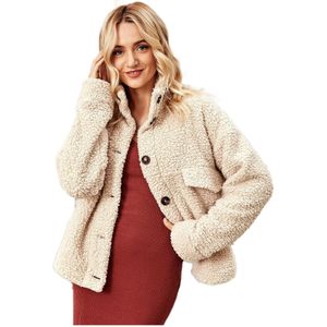 Korte Winter Jas Winter Womens Knoppen Effen Kleur Lange Mouwen Warm Pluche Tops Jasje Dames Casual Losse Jas # G