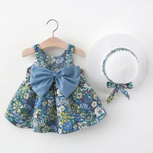 Mode Meisjes Baby Bloem Vestidos Kinderen Casual Zomer Kleding Peuter Leuke Boog Jurk Met Hoed Prinses Party Kostuums