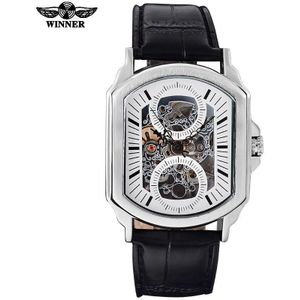 WINNAAR famous brand mannen luxe automatische wind horloge skelet wijzerplaat rechthoek transparant glas silver case lederen band