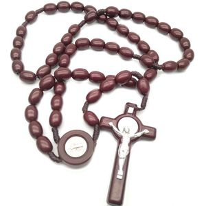 Jezus Houten Kralen 8mm Rozenkrans Bead Kruis Hanger Ketting Geweven Touw Ketting Sieraden Accessoires