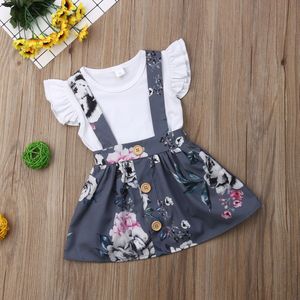 Pasgeboren Baby Meisje Kleding Fly Mouw Bodysuits + Bloemenprint Strap Rok 2 stuks Zomer Outfits