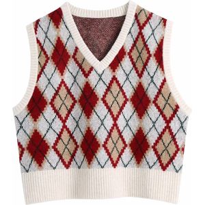 Lente V-hals Argyle Rood Vest Gebreide Trui Zoete Leuke Elegante Slanke Eurpea Trui Lady Casual Losse Chic Top Epuzs