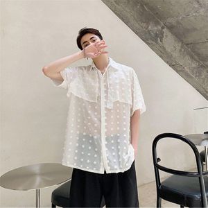 Versma Japanse Vintage Stijl Chiffon Polka Dot Transparante Shirt Podium Kostuums Voor Zangers Korte Mouw Mannen