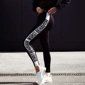 Slanke Zwarte Kleur Witte Letters Mode Push Up Workout Leggings Slim Polyester V-Taille Jeggings Vrouwen ERGSTE GEDRAG letters