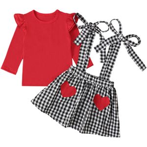 Valentijnsdag Kids Meisjes Kleding Sets Baby Meisjes Lange Mouwen Rood T-shirt Plaid Hart Print Rok Set 2-stuk Outfit