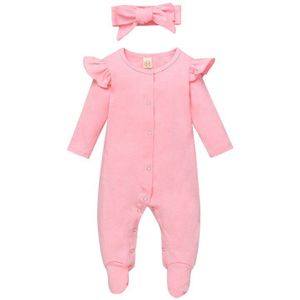 Baby Meisjes Effen Kleur Jumpsuit Lange Mouw Ronde Kraag Knop Open Voorzijde Een Stuk Kleding Wijn Rood/Roze/Paars Footies