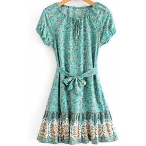 Boho Geïnspireerd Turquoise Mini Boho Jurk V-hals Sjerpen Gebonden Bohemian Summer Dress Katoen Speelse Chic Casual Vrouwen Jurk